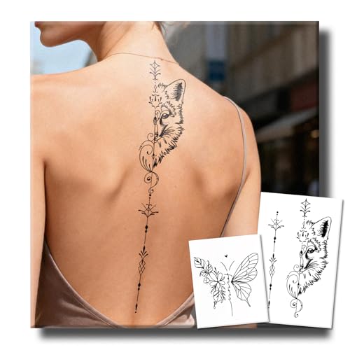 UBICA Semi Permanent Tattoos, 2 Sheets Realistic Temporary for Women Adult, Fake Tattoos for Back Wrist Arm, Waterproof, No Reflective, Lasts 1-2 Weeks (Mystical Fox & Floral Butterfly)