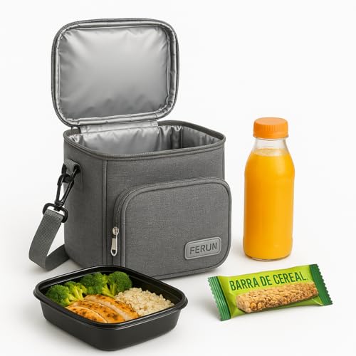 Bolsa Térmica FERUN 15L para Marmita, Lancheira e Bebidas – Alça de Mão e Ombro, Impermeável, Revestimento Térmico PEVA, Conserva Frio e Calor Cor Cinza