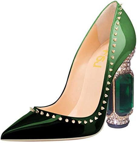 FSJ Women Bridal Pointed Toe Chunky High Heel Crystal Pumps Slip on Wedding Thick Comfort Shoes Size 8 Green Gradient