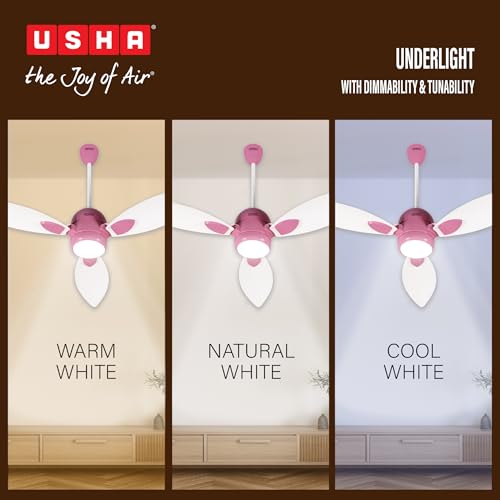 Image of USHA Bloom Sunspire Glow BLDC Ceiling Fan with 3-Mode Underlight |100% Copper Motor |RF Remote |Whisper-Quiet |Dust-Resistant |BEE 5 Star Rated |3-Year Motor & 2-Year PCB Warranty |White & Light Pink