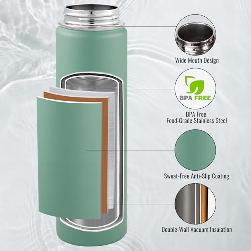Image of Fijinhom Insulated Water Bottle with Handle, 304 Stainless Steel Water Bottles with Wide Mouth, Double Wall Vacuum Sports Water Bottle, BPA Free, Keep Cold and Hot, 24 Ounces, Forest Green