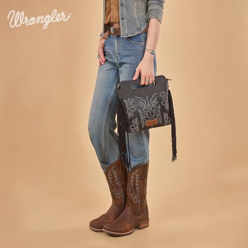 Image of Wrangler Western Handbag for Women Crossbody Bag Top Handle Shoulder Bag Embossed Cowgirl Fringe Purse