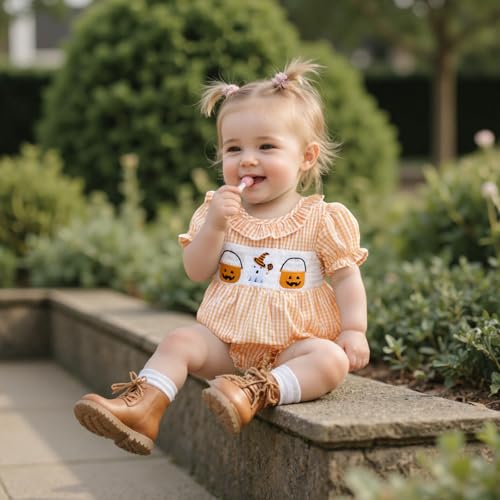 Infant Baby Girl Summer Outfits Pumpkin Plaid Ruffle Short Sleeve Romper Smocked Bodysuit Halloween Clothes2