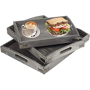 Owlgift Vintage Grey Wood Serving Trays with Brass Metal Wrap Accents, Set of 3 Owlgift Vintage Grey Wood Serving Trays with Brass Metal Wrap Accents Set of 3