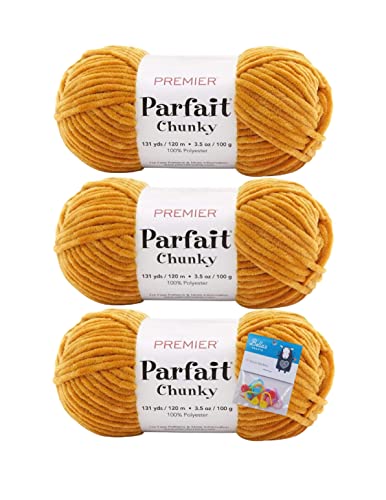 Image of Premier Yarns Parfait Chunky Chenille Yarn 3.5 Oz 6 Super Bulky Weight 3 Pack Bundle with Bella's Stitch Place Holders (Mustard)