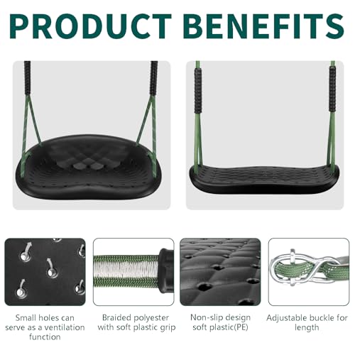 Image of Heavy Duty Swing Seat, Toddler Swing & Anti‑Slip Flat Swing Seat with Adjustable Ropes, Outdoor Backyard Playground Swingset Accessories, Black