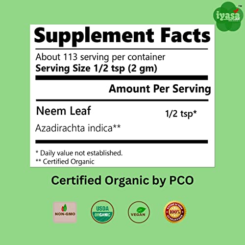 Iyasa Holistics Usda Organic Neem Leaf Super Greens Powder To Support Blood And Liver Purification, Promote Healthy Hair And Clear Skin Complexion Having Resealable Bag 8 Oz/ 226G #TOP2