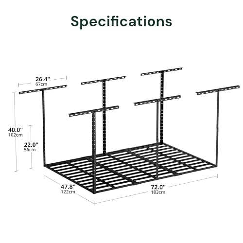 Image of SunsGrove 4x6 Overhead Garage Storage Rack Organization, Adjustable Ceiling Mounted Storage Racks, 800LBS Weight Capacity, 22 inch-40 inch Ceiling Dropdown, Hammertone Black
