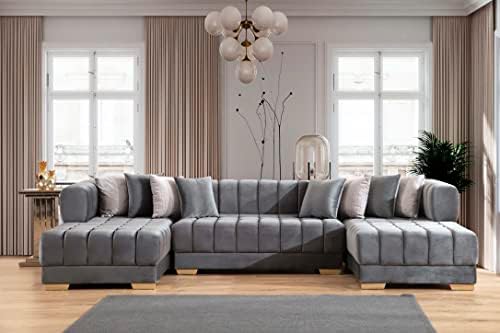 STAFFORA Sectional Sofa, Double Chaise Oversized U Shaped Couch, Ariana 7 Seater Velvet Sofa for Living Room (Gray)