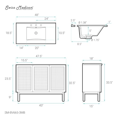 Image of Swiss Madison Classe 48 in. Brown Oak Bathroom Vanity with Black, 3-Hole Ceramic Sink Top