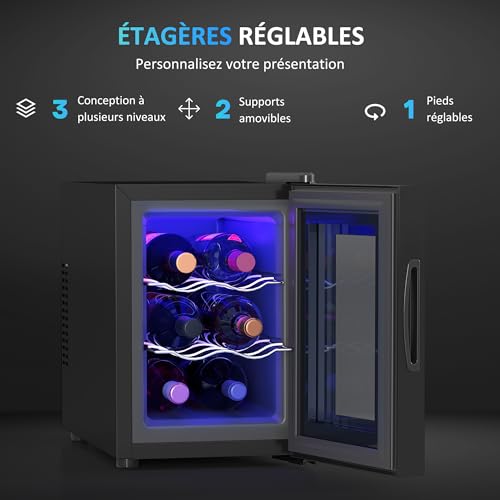 HOMCOM Cave à vin 6 bouteilles 17L réfrigérateur à vin silencieux - porte en verre, éclairage LED, écran tactile numérique, mini cave a vin contrôle de la température 8-18°C protection UV noir – Image 6