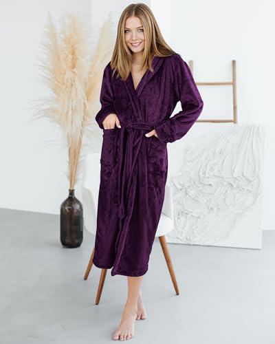 NY Threads Morgenmantel Damen Fleece Plüsch Weich Bademantel Nachtwäsche Hausmantel (X-Groß, Pflaume)
