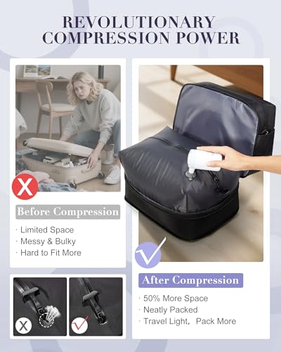 Image of Vacuum Travel Bag with Air Pump Expandable Seal Compression Personal Item Carry on Bags for Airlines Travel Duffle Bags for Women Weekender Overnight Bag Sports Gym Tote Bag Black