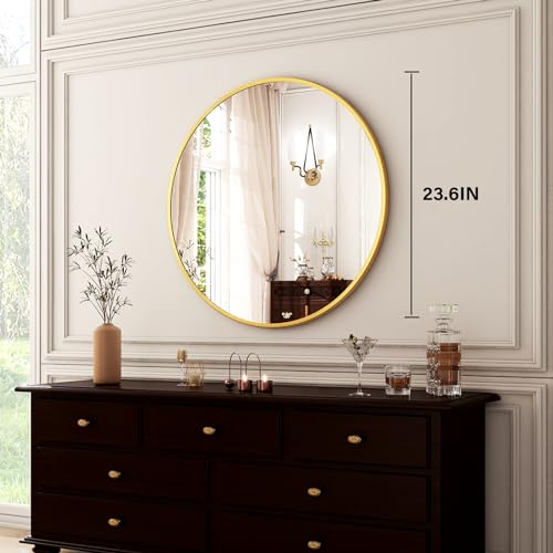 Image of HARRITPURE 24 Inch Round Mirror, Gold Circle Bathroom Mirror, Modern Aluminum Alloy Frame Wall Mounted Vanity Mirror for Living Room, Bedroom, Entryway