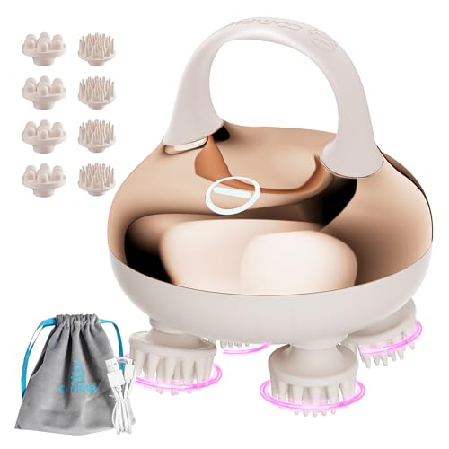 COMFIER Masseur de tête Sans Fil Électrique, 3 Modes de Pétrissage, IPX7 Étanche, 8 Griffes de Soin pour Massage Tete Intense, Apaisement du Cuir Chevelu et Détente Corporelle (Doré)