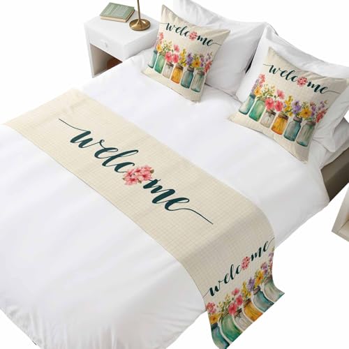 Xacozeein Welcome Bed Runner with 2 Piece Cushion Covers, Wildflowers Vintage Mason Jars Farmhouse Short Plush Bed Scarf Runner Pillowcase Set Soft Bedding Decoration for Bedroom Hotel