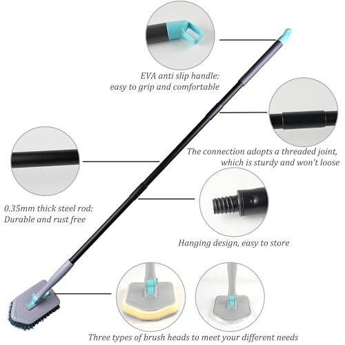 Image of 4 in 1 Tub Scrubber, Scrub Brush with Long Handle Hard Bristle Shower Scrubber Bathroom Cleaning Brush for Bathroom Kitchen Toilet Wall Bathtub Ceramic Tile Floor