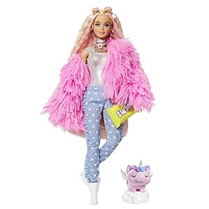 Barbie Extra, muñeca con pelo rosado, chaqueta rosada incluye mascota y accesorios (Mattel GRN28)