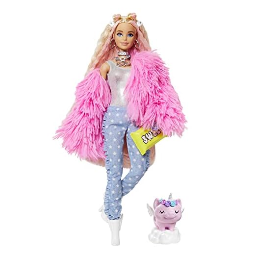 Barbie Extra, muñeca con pelo rosado, chaqueta rosada incluye mascota y accesorios (Mattel GRN28)