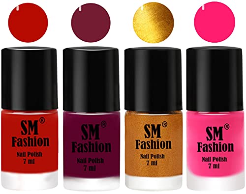 Image of Nail Polish Combo Set (Pack of 4) Quick Dry Gel Finish Nail Paint | Red Orange,Mulberry,Golden,Deep Pink | 7 ml Each