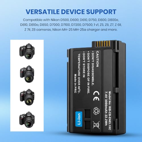 Image of Simpex EN-EL15 Rechargeable Li-ion Camera Battery | 7.0V High-Capacity Replacement Battery Compatible with Nikon D7000, D7100, D7200, D7500, D750, D810, D850, D500, D600, D610 & D800 Series(Black)