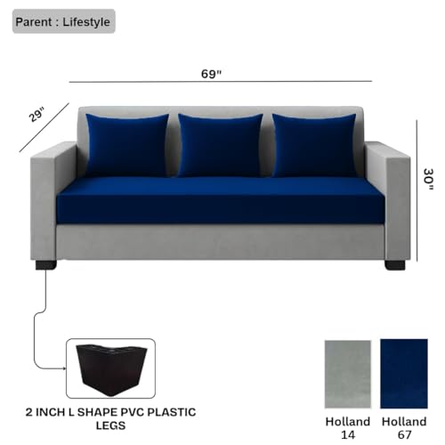 Image of FURNY Lexon 3 Seater Fabric Sofa Set (Dark Blue-Light Grey) Premium Velvet Finish | Durable & Comfortable | Ideal for Living Room