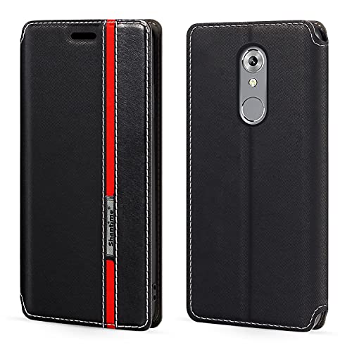 Funda Tipo Cartera de Cuero PU Bicolor con Cierre Magnético Invisible Compatible con ZTE Axon 7 Mini, Estuche Elegante y Delgado (Negro)