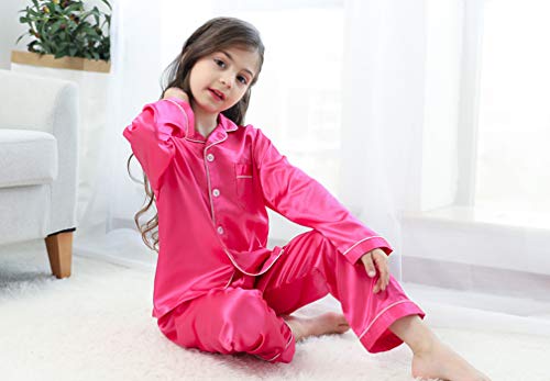 Image of Pajamas Kid Unisex Pjs Set Girls Boys Silk Pajamas Set Satin Long Sleeve 2 Piece Clasic Sleepwear for 2-12 Years Todder