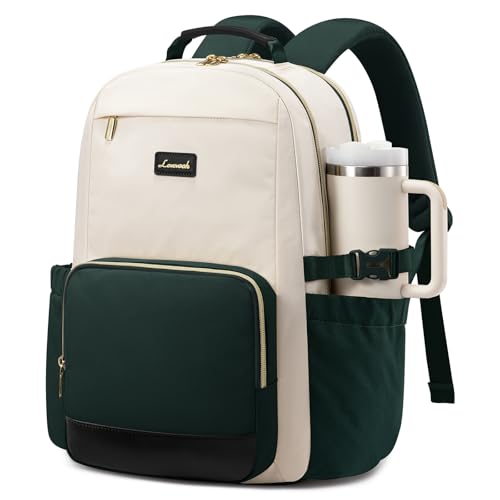Image of LOVEVOOK Laptop Backpack for Women with Pouch Pocket for Large Capacity Cup,15.6 Inch Teacher Nurse College Work Backpack Purse,Waterproof Laptop Bag Computer Back Pack for Travel, Beige-Green-Black