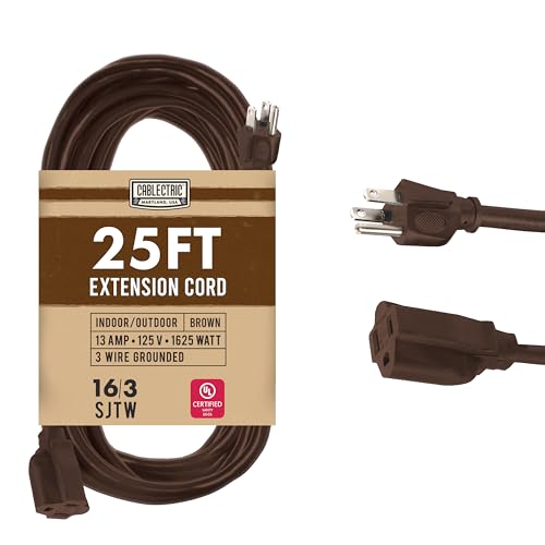 Cablectric Brown Outdoor Extension Cord 25 ft 16/3 Heavy Duty Cable with 3 Prong Grounded Plug 13 AMP Weatherproof Exterior Cable 3 Prong 25 Foot for Deck Patio Garden Lawn & Landscaping