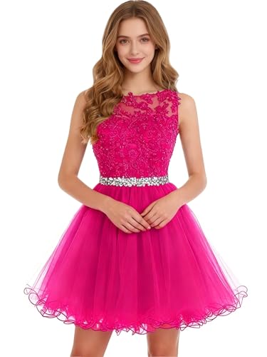 Image of Dydsz Women's Lace Applique Short Prom Dress A Line Tulle Homecoming Dresses Beaded Mini Graduation Party Dress