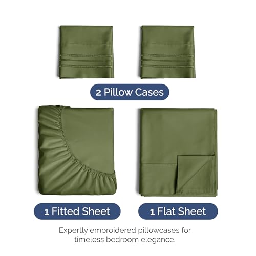Image of Full Size 4 Piece Sheet Set - Ultra Soft & Cooling Bed Sheets - Deep Olive | Fits 8 Inch to 16 inch Mattress, Wrinkle Free & Fade Resistant with Deep Pockets, Breathable, Comfy Hotel Luxury Bedding