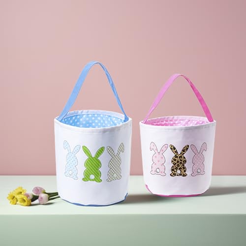 Image of Canvas Easter Basket Easter Bucket for Egg Hunts Easter Eggs Easter gifts Easter Treats (Pink Style 2)
