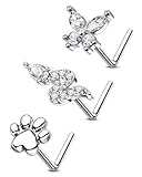 COCHARM 3PCS Butterfly Nose Stud Pack 20g L Shape Nose Ring Stud Snake/Paw Print Nose Piercing Silver 316L Stainless Steel Nostril Stud for Women Men