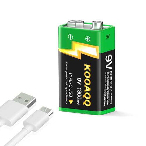 Image of 1-Pack Rechargeable 9v Batteries, USB-C Recharge 1300mAh 9 Volt Lithium-ion Long Lasting Power for SmokAlarms, Microphones, Multimeters, Walkie-Talkie, Metal Detector, Toys, with 2 in 1 Charging Cable
