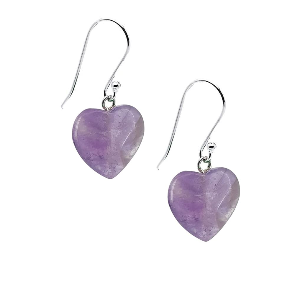 TreasureBay Handmade Natural Gemstone 15mm Heart Shape Sterling Silver Drop Earrings - Love Heart Earrings Gift Ideas for Women Girls (Amethyst)
