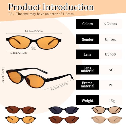 6 Pcs Retro Oval Cat Eye Sunglasses for Women Y2k Glasses 90s Trendy Sunglasses for Men Women2