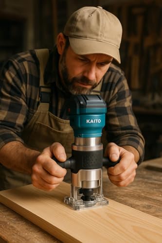 Image of KAITO 21V Cordless Wood Trimmer Machine | 30,000 RPM Brushless Router | 6 Variable Speed | Trimmer Indicator | 2 Li-ion Batteries, Fast Charger, Fixed Base | Wood Cutting, Edge Trimming & Molding Tool