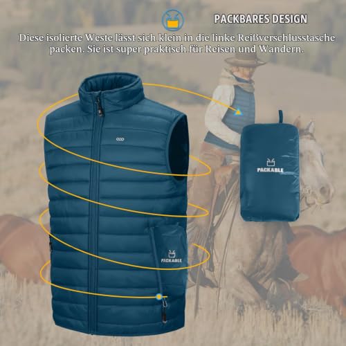 33,000ft Herren Packbare Steppweste Outdoor Gefütterte Hybrid Sportwesten mit Stehkragen Outdoorwesten mit 5 Taschen Übergangswesten für Männer Laufen Golf Wandern Reiten, Petrol XL