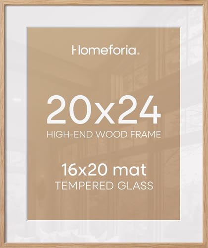 Image of Homeforia 20x24 Picture Frame Wood, High End Natural Oak 20x24 Frame Matted to 16x20 Photo, 20 x 24 Light Wooden Poster Frames with Mat 16 by 20, 24by20 Thin Frames, Tempered Glass, Wall Kit, Set of 1
