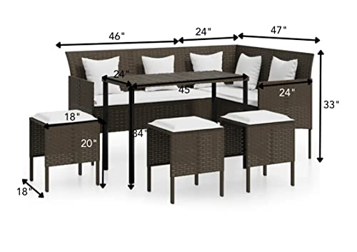 Image of DEVOKO 6-Piece Outdoor Patio Furniture Set All-Weather Wicker Sectional Sofa, Dining Table, Ottomans(Dark Brown Rattan & White Cushions)
