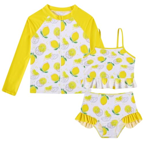 Image of Funnycokid Girls Swimsuit Kids Bathing Suit Rashguard Swimwear Long Sleeve 3 Piece Toddler 3-7 Years