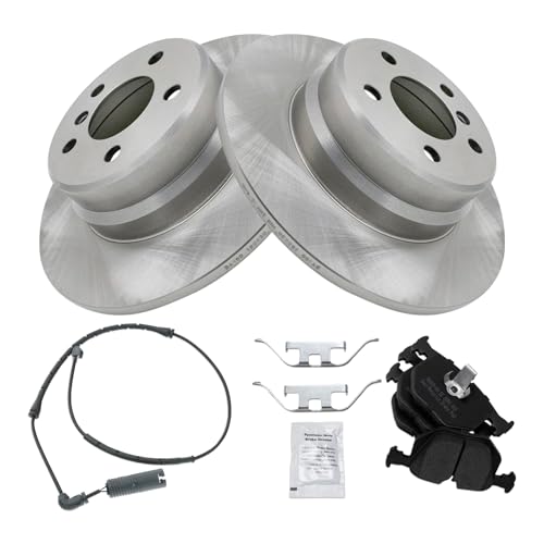 Image of TRQ Rear Brake Pad and Rotor Set Semi Metallic Solid Rotors Wear Sensor