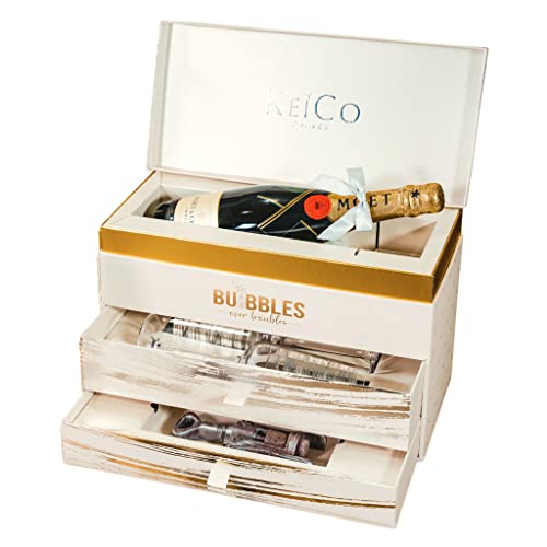 KeiCo Moet Champagne 75cl Luxe Gift Box Hampers with Glass Champagne Flutes & Solid Italian Chocolate Corkscrew (Silver)