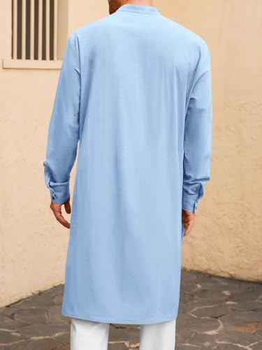 Image of Runcati Mens Kaftan Robe Button Down Long Sleeve Cotton Linen Thobe Casual Muslim Gown Henley Shirt