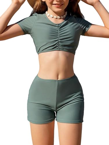 Image of SweatyRocks Girl's 2 Piece Bathing Suit Ruched Front Short Sleeve Tee Top and Shorts Bikini Sets Swimsuit Green 9Y