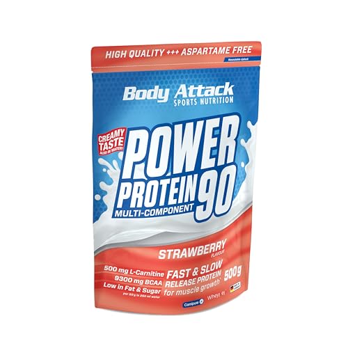 Body Attack POWER PROTEIN 90 - Strawberry - 500g Beutel - Mehrkomponenten Protein Pulver Made in Germany - Mit BCAA Vitaminen & L-Carnitin - Protein Shake extra cremiger Geschmack gute Löslichkeit