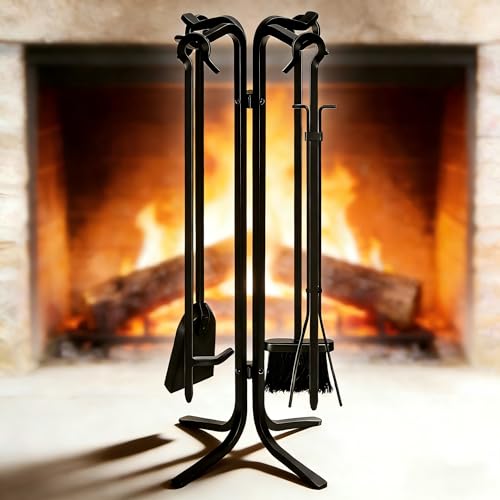 FEED GARDEN Hand Forged Iron Fireplace Tools Set 5-Piece Wrought Iron 28 Inch Fire Place Set Tools with Stand for Indoor Outdoor Heavy Duty Fireplace Accessories Poker, Tongs, Shovel, Brush, Base - Thumbnail 2