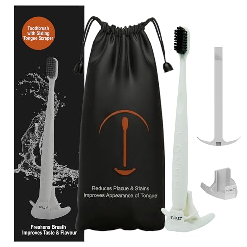 Image of TOKII Tongue Scraper & Tongue Cleaner for Adults, 2-in-1 Toothbrush with Sliding Tongue Scraper, Charcoal Ultra Soft Bristles, Ayurvedic-Inspired, Includes Travel Toothbrush, Stand & Waterproof Pouch