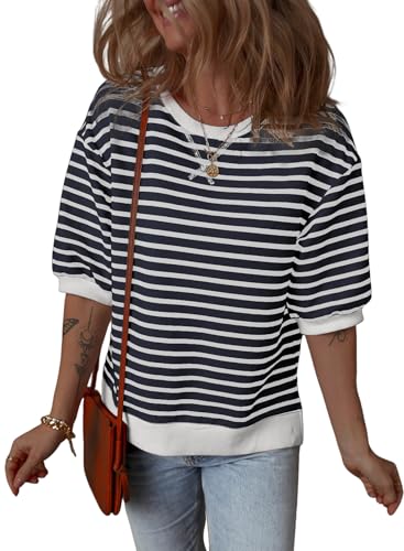 Image of Dokotoo Sweatshirt for Women Fashion Summer Tops Striped Casual Color Block T Shirt Casual Pullover